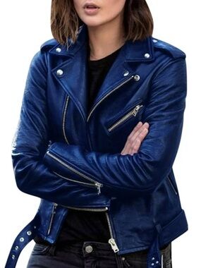 Belle Vere Genuine Blue Leather Women’s Moto Jacket